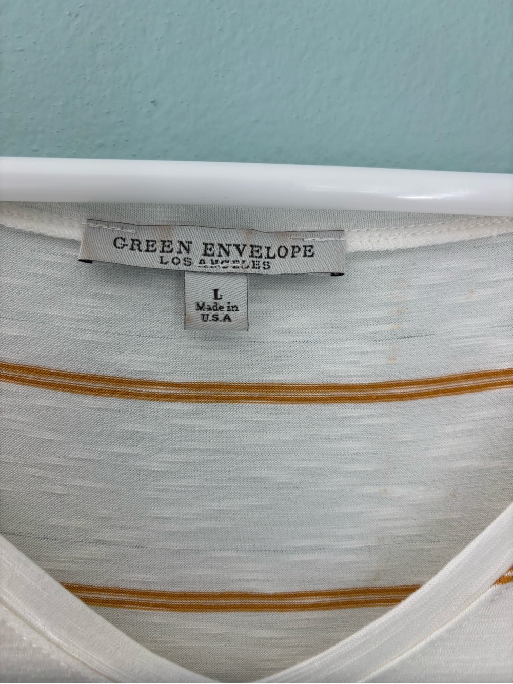 Green Envelope White V-Neck Tee with Mustard Stripes Large - Picture 2 of 3